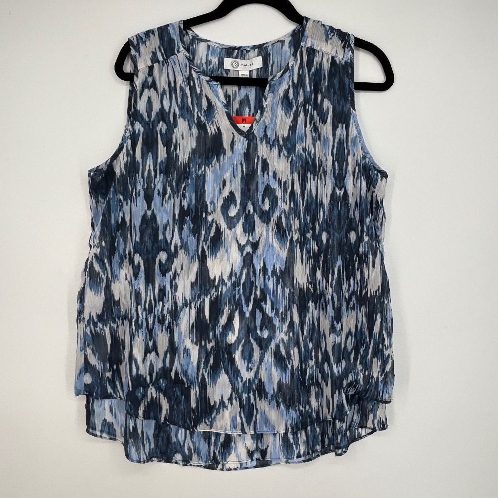 Cristina B Womens Medium Large Oversized Tunic Tank Top Sheer Layered Blue White